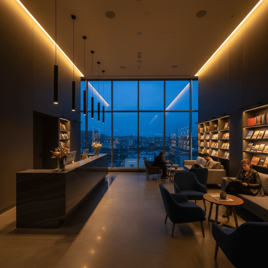 Elegant hostel lobby at dusk with warm lighting and modern decor