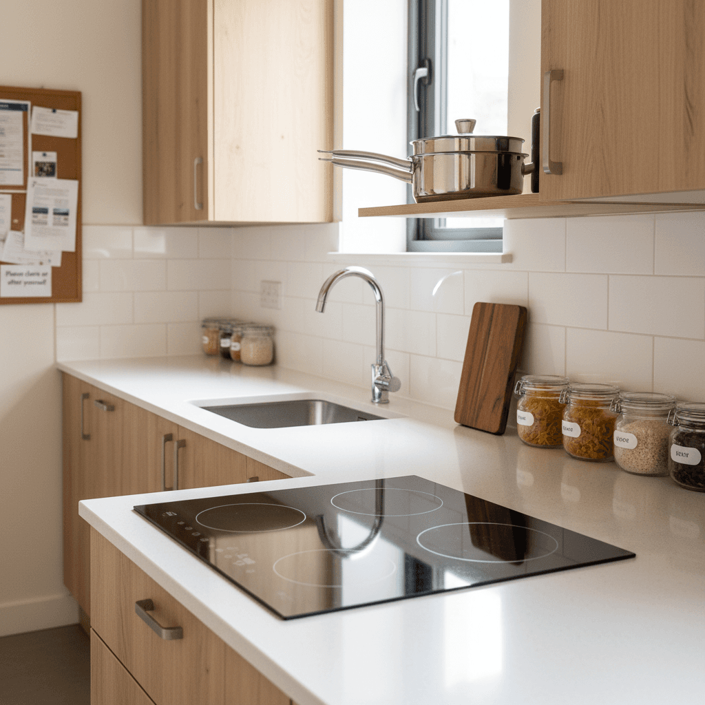 Clean and organized common kitchenette in hostel