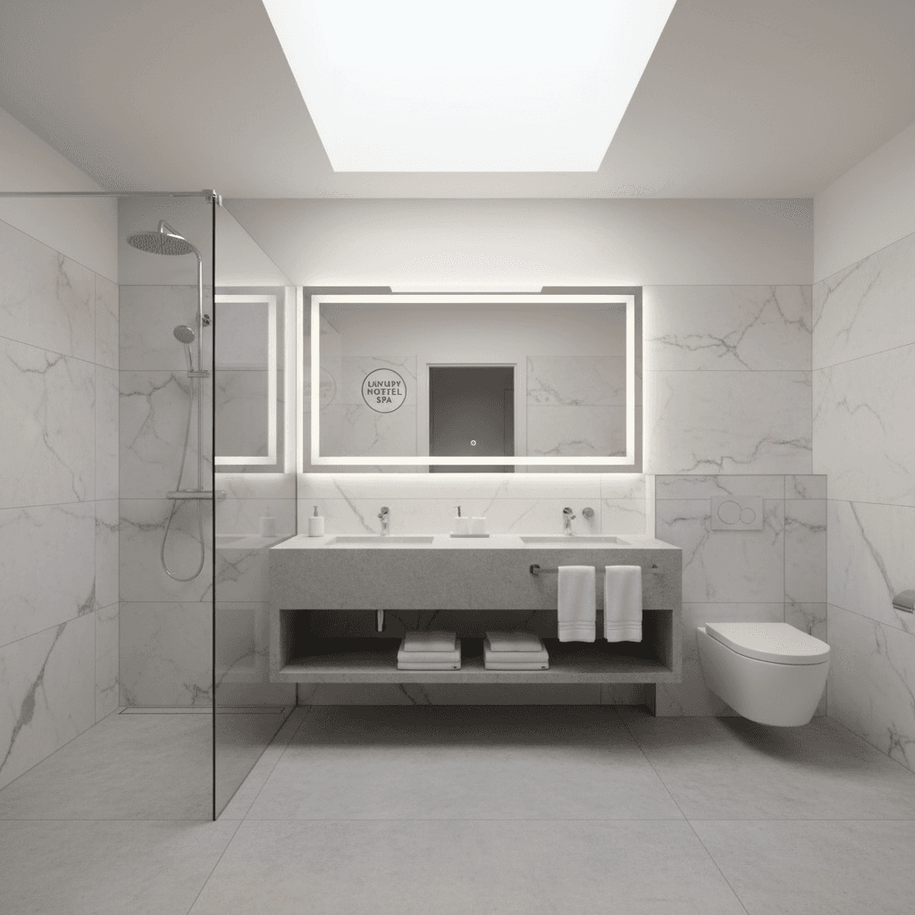 Modern luxury bathroom with rain shower and stone vanity