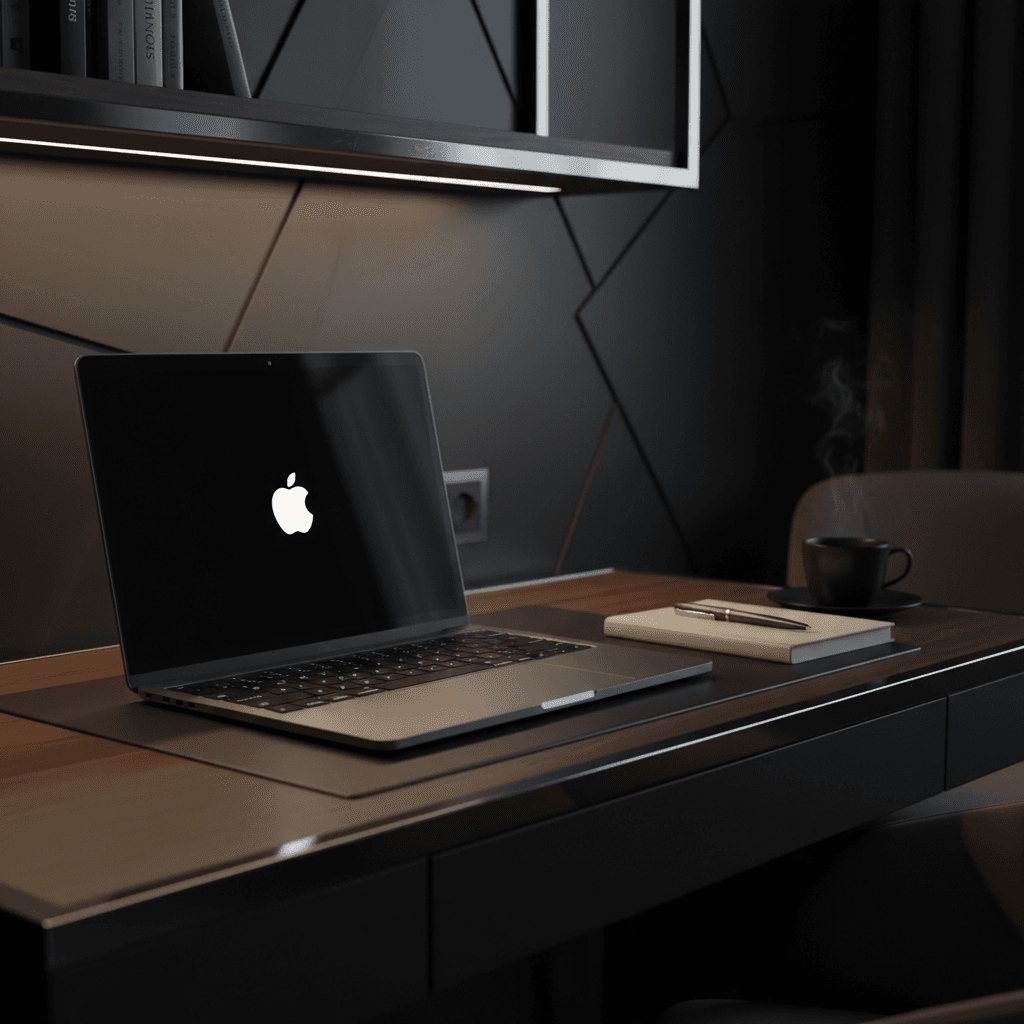 Close-up of a modern study desk with laptop and coffee