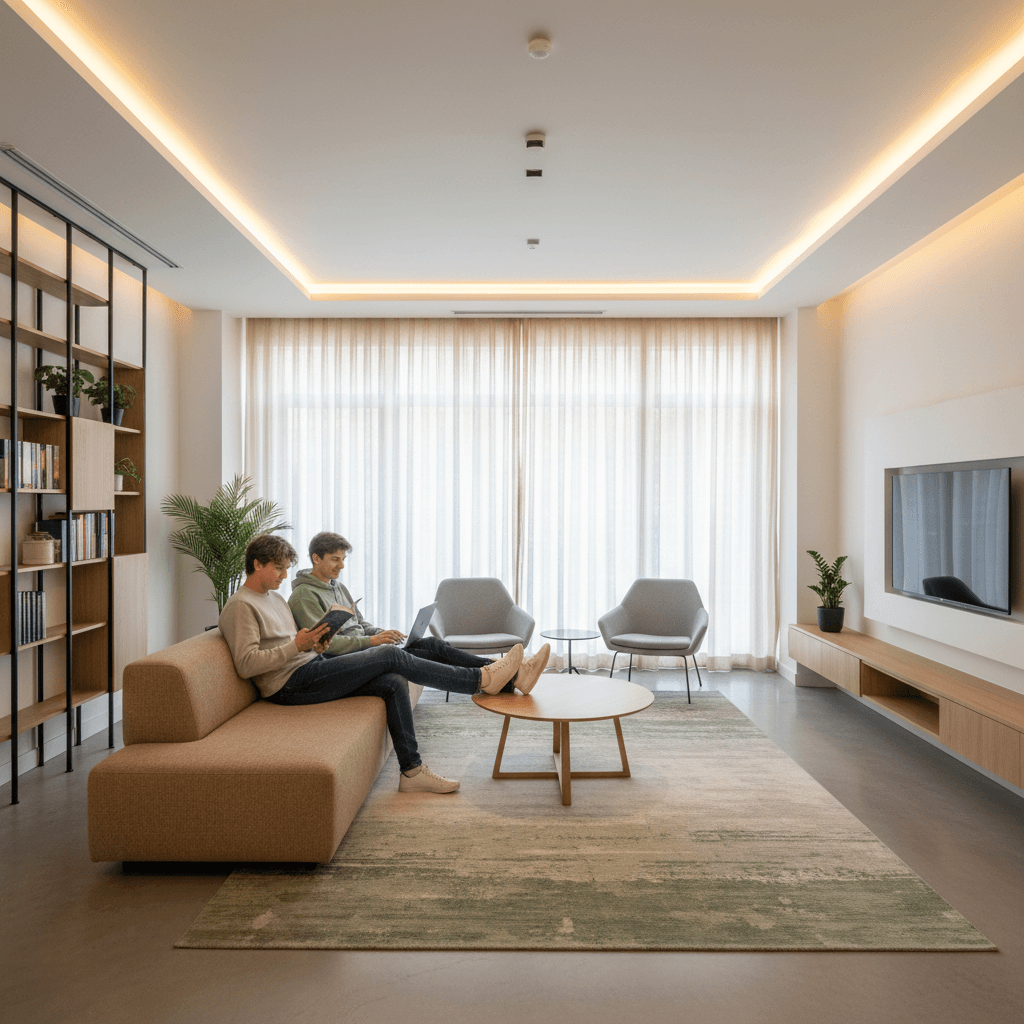 Students relaxing in a modern common lounge area