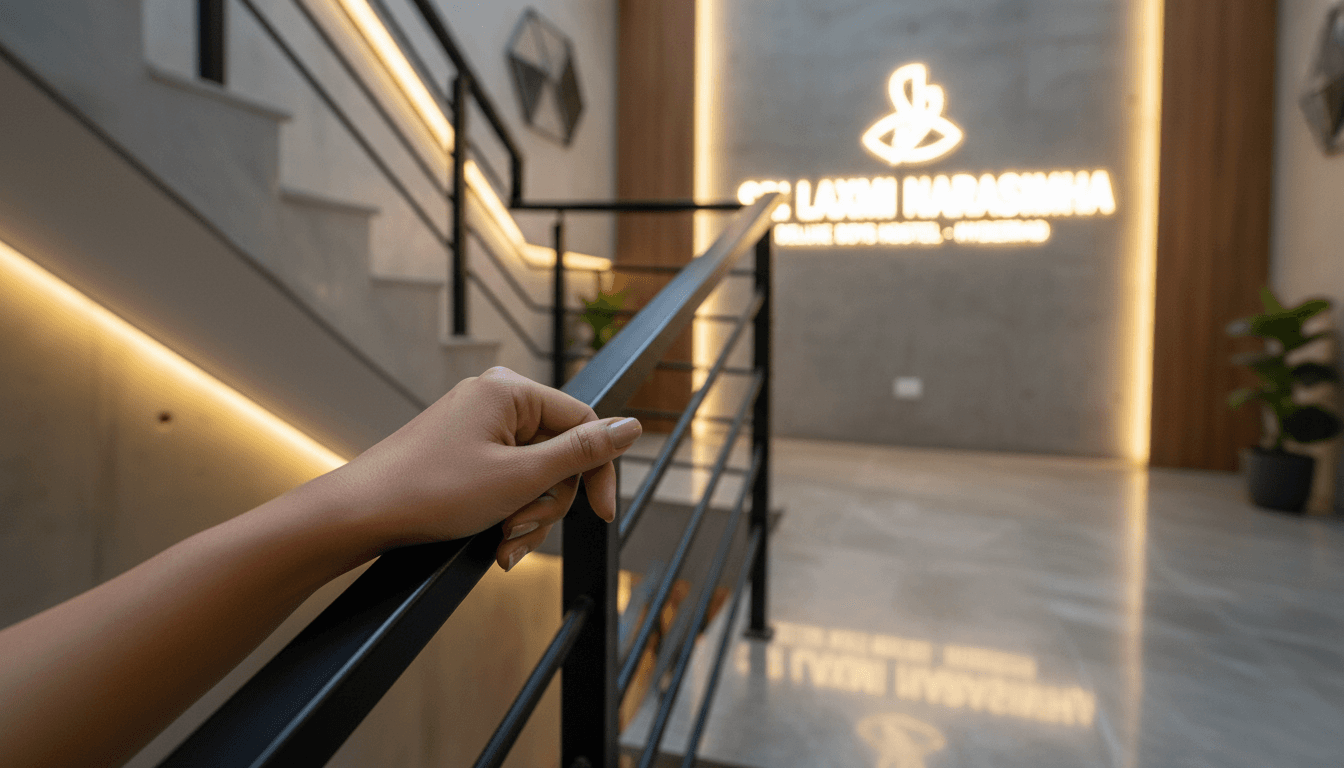 Close-up of hand on black metal staircase railing in modern luxury hostel