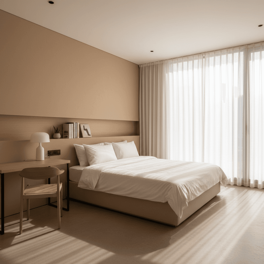 Sunlit luxury hostel bedroom with minimalist design and large window