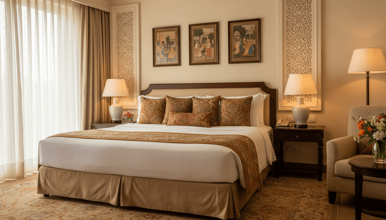 Luxurious modern hostel room in Hyderabad with premium bed and soft lighting