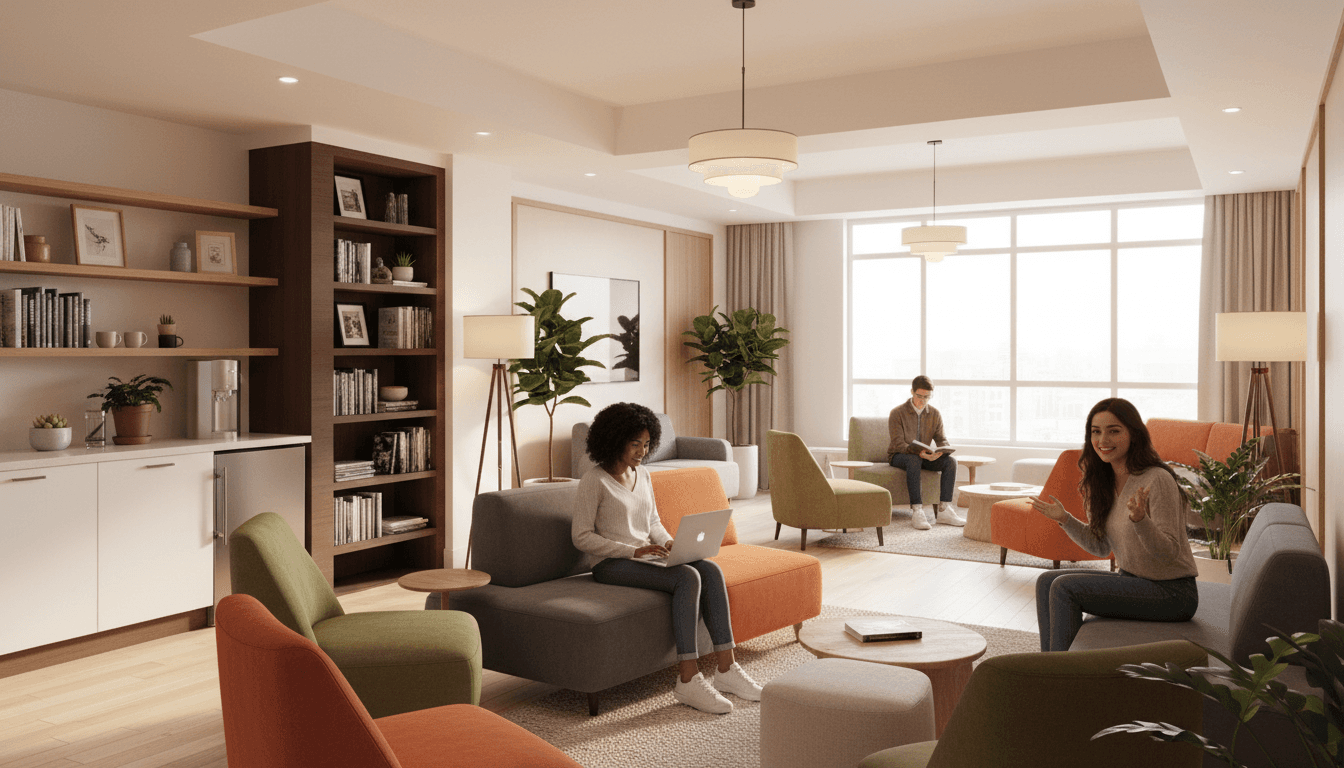 Modern communal lounge in a luxury boys hostel with students reading and using laptops