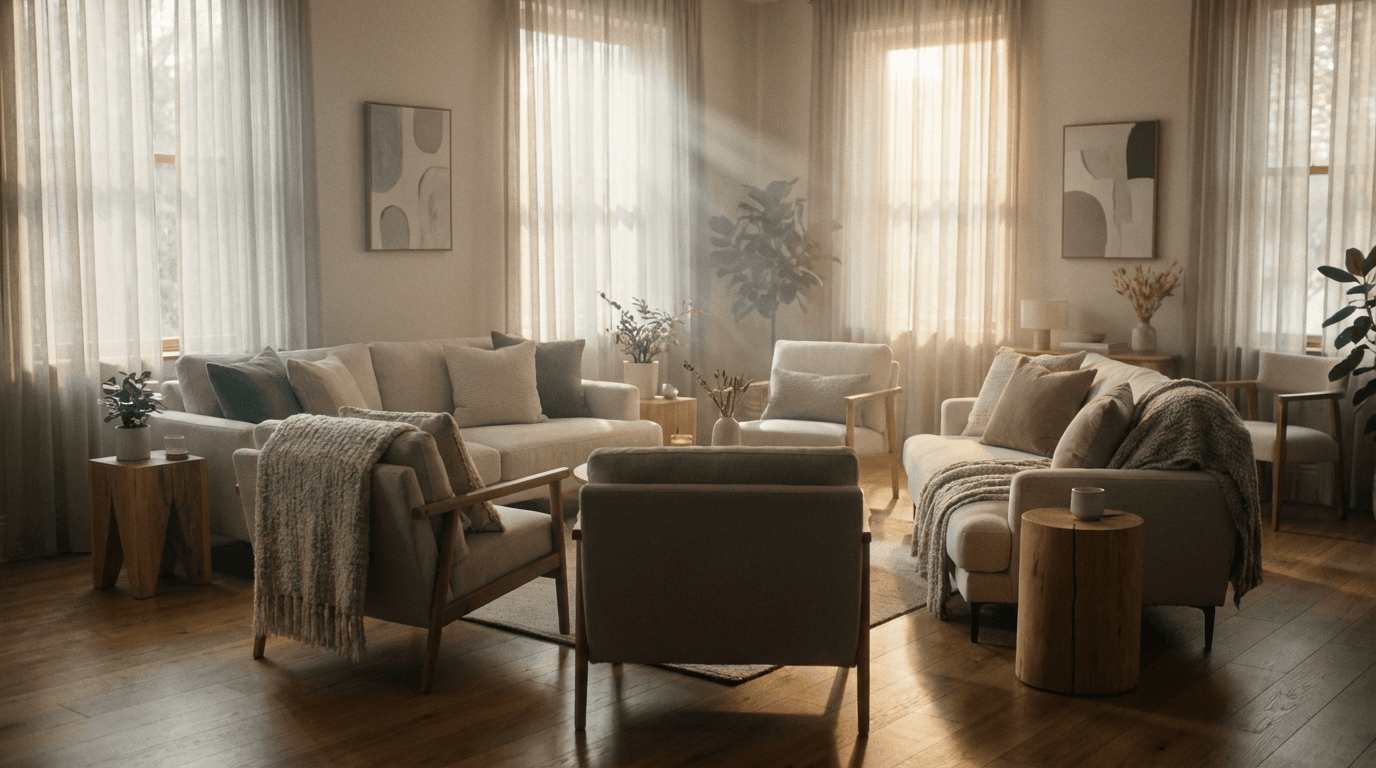 Sunlit luxury hostel common area with a boy relaxing in a modern armchair by a window