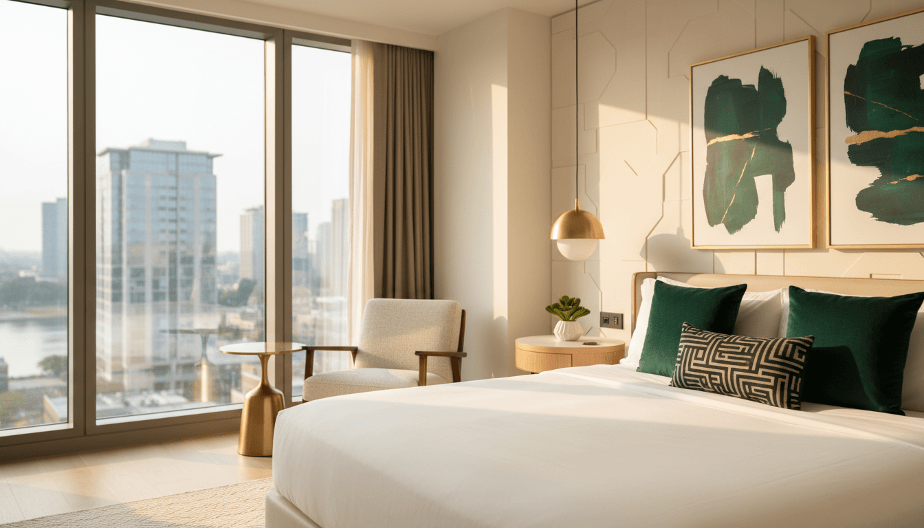 Bright modern hostel bedroom with minimalist design and warm natural light