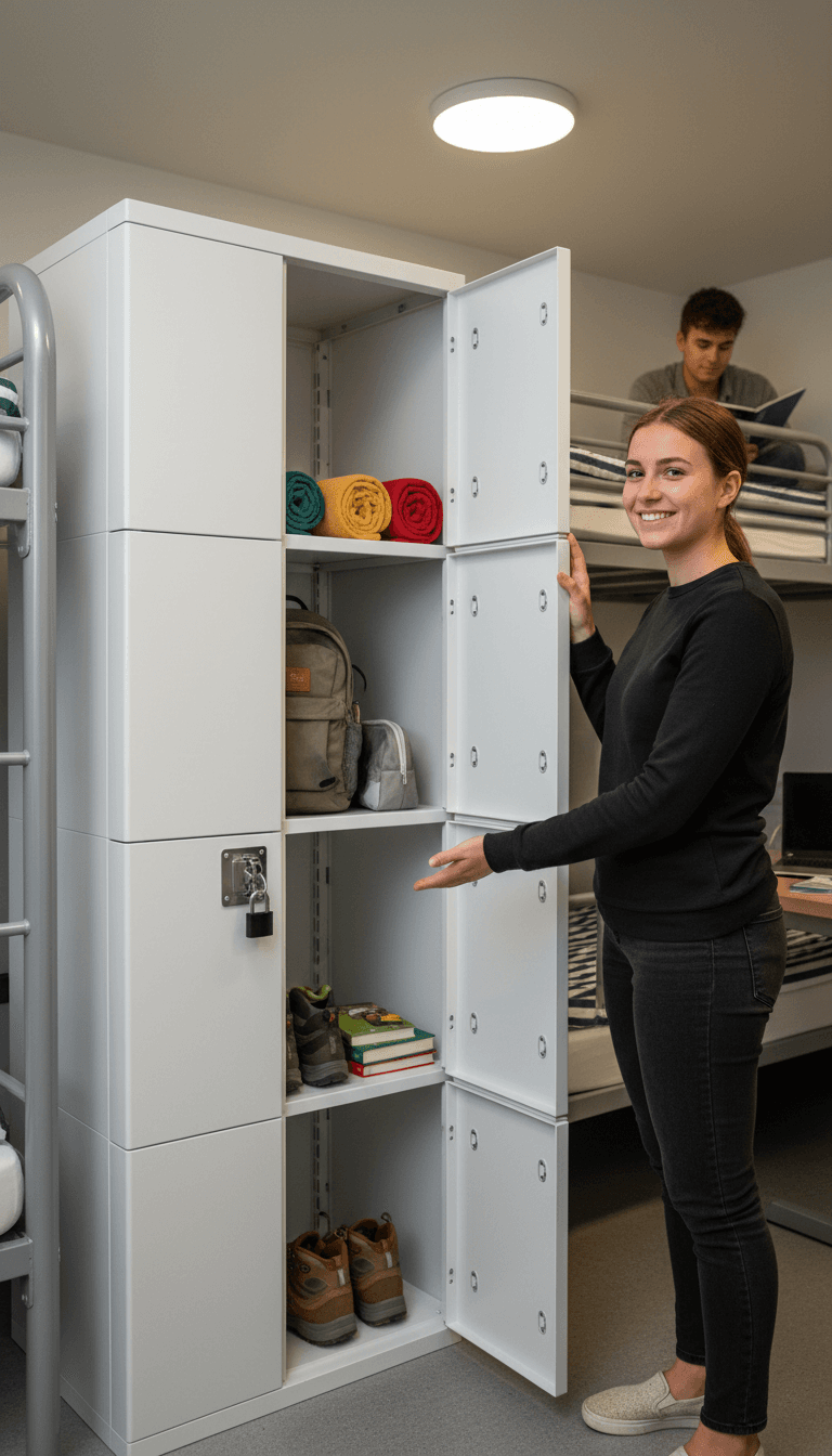 Young adult accessing stored belongings in a hostel dormitory room's premium plastic storage cupboard