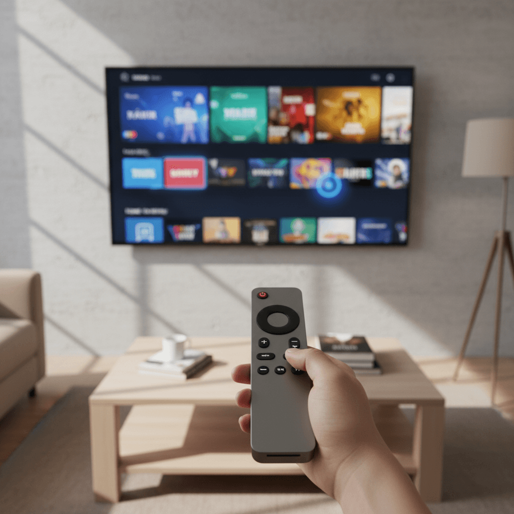 Hand holding remote control pointed at smart TV displaying colorful streaming content menu in bright modern living room