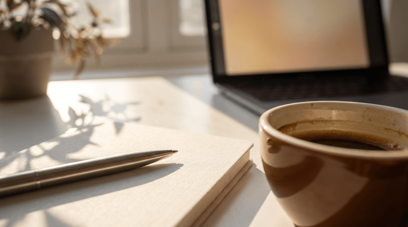 Close-up of a premium study desk with laptop and coffee in a deluxe hostel room