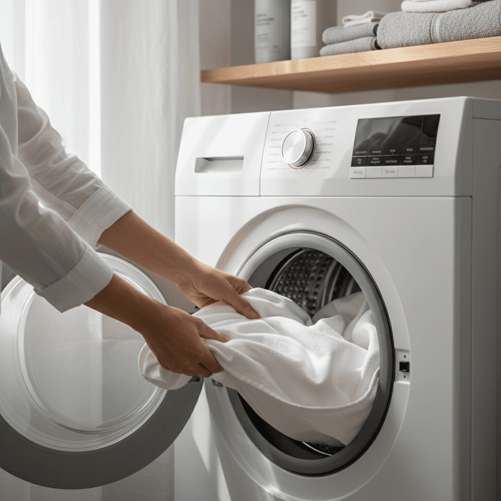 Woman loading white linens into modern front-load washing machine in bright, organized laundry room