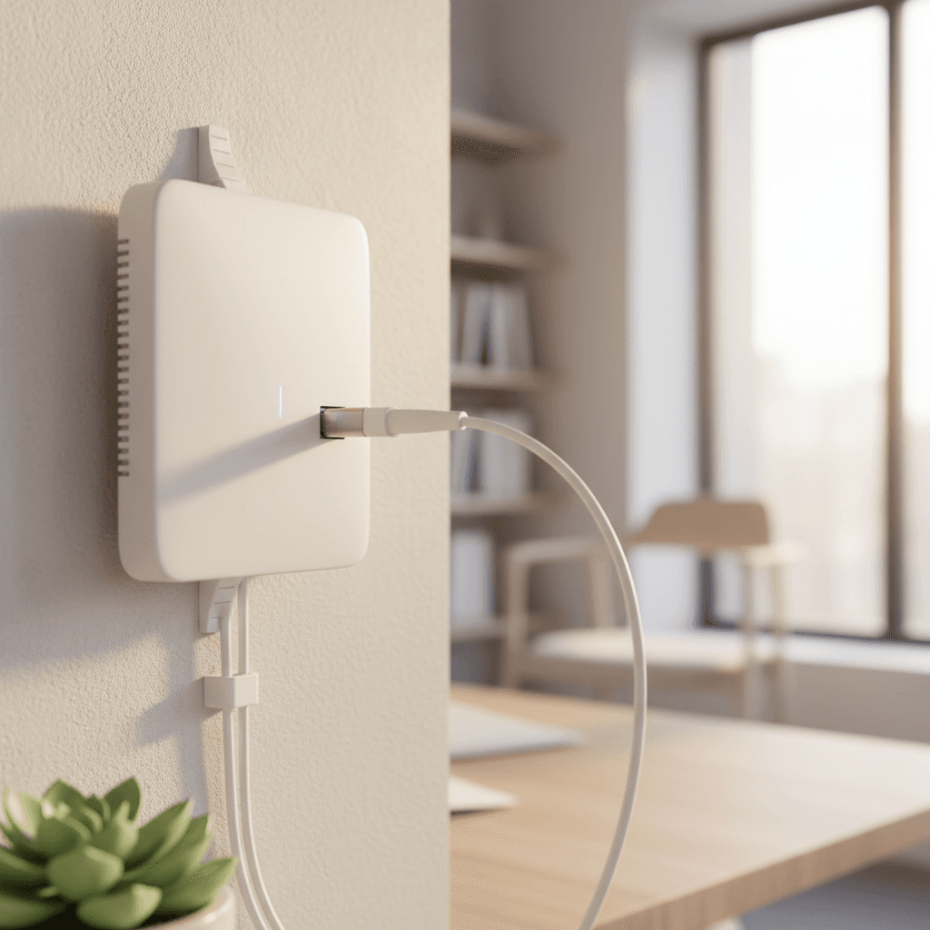 Close-up of fiber optic cable being connected to wall-mounted broadband router in bright home office with natural sunlight